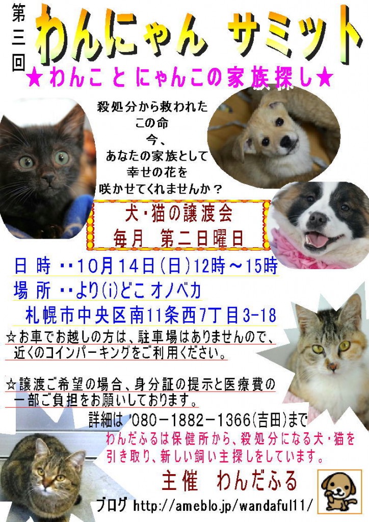 開催終了 第三回わんにゃんサミット 犬と猫の譲渡会 札幌イベント情報マガジン サツイベ Event Id 22