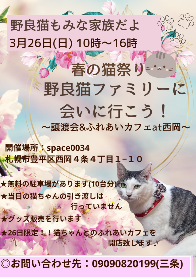 イベント名：★春の猫祭り★野良猫ファミリーに会いに行こう！～譲渡会＆ふれあいカフェat西岡～