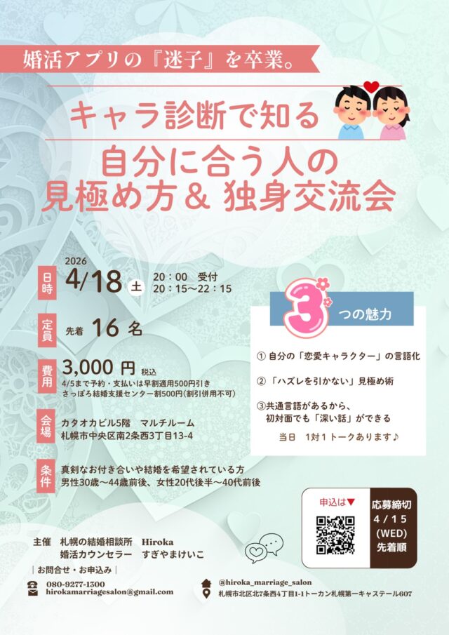 イベント名：キャラ診断で知る　自分に合う人の見極め方＆独身交流会