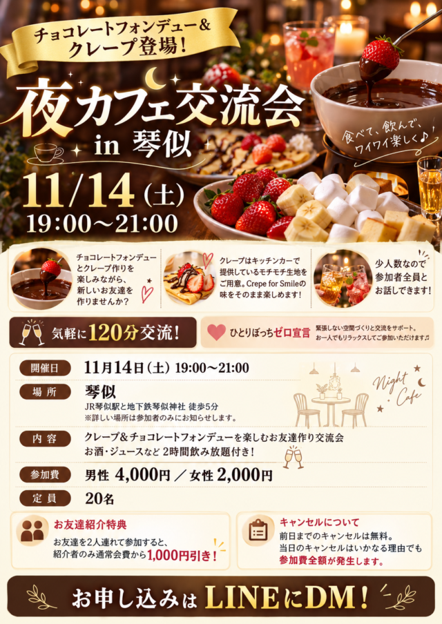 イベント名：チョコレートフォンデュー＆クレープ登場！ 夜カフェ交流会 in 琴似